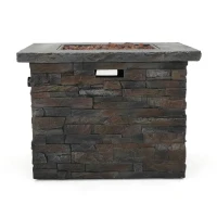 40,000 BTU Outdoor Square MGO Fire Pit with Natural Stone Finish, Perfect for Social Gatherings, 33" L x 33" W x 24.5" H, Stone Gray(m-11)