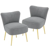 HOMCOM Velvet Lounge Chairs Set of 2, Modern Accent Chairs for Living Room with Gold Steel Legs and Tufting Backrest, Grey(m-2)