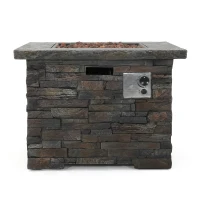 40,000 BTU Outdoor Square MGO Fire Pit with Natural Stone Finish, Perfect for Social Gatherings, 33" L x 33" W x 24.5" H, Stone Gray(m-2)
