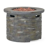 40,000 BTU Stone Circular Fire Pit Perfect for Family Gathering, Round Outdoor Firepit with Slipcover, 33" L x 24" H, Stone Gray(m-9)