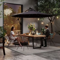 Outsunny 9.5' Offset Patio Umbrella Garden Parasol with Solar LED Lights and Weights, Dark Grey(m-7)