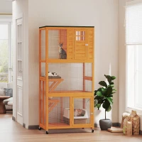 PawHut 74" Wooden Outdoor Cat House Weatherproof & Wheeled with High Weight Capacity, Kitten Cage Condo, Orange(m-1)