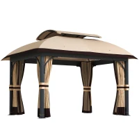 Outsunny 11' x 13' Patio Gazebo, Double Roof Outdoor Gazebo Canopy with Netting & Curtains, Galvanized Metal Frame, Khaki(m-11)