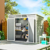 Outsunny 8' x 4' Resin Outdoor Storage Shed with Floor, Window, Lockable Doors and Vents for Backyard Patio Lawn, Light Grey(m-1)