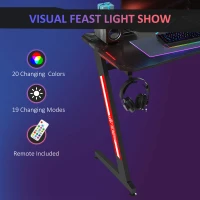 HOMCOM 47" Racing Style Gaming Desk, Z-Shaped Computer Table Workstation with LED Lights, Swivel Cup Holder, Headphone Hook and Cable Management Holes for Gamers Home Office, Black(m-7)