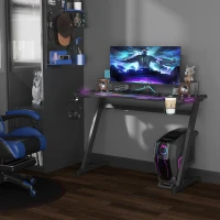 HOMCOM 47" Racing Style Gaming Desk, Z-Shaped Computer Table Workstation with LED Lights, Swivel Cup Holder, Headphone Hook and Cable Management Holes for Gamers Home Office, Black(m-2)