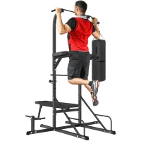Soozier Heavy-Duty Power Tower Dip Station Pull Up Bar with Foldable Workout Bench and Punching Bag, Multi-Functional Adjustable Strength Training Equipment Power Rack Fitness Equipment for Home Gym(m-1)
