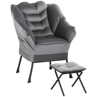 HOMCOM Lazy Chair and Ottoman Set, Fabric Upholstered Accent Chair with Side Pockets, for Living Room, Bedroom, Gray(m-11)