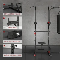 Soozier Heavy-Duty Power Tower Dip Station Pull Up Bar with Foldable Workout Bench and Punching Bag, Multi-Functional Adjustable Strength Training Equipment Power Rack Fitness Equipment for Home Gym(m-7)
