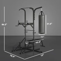 Soozier Heavy-Duty Power Tower Dip Station Pull Up Bar with Foldable Workout Bench and Punching Bag, Multi-Functional Adjustable Strength Training Equipment Power Rack Fitness Equipment for Home Gym(m-3)