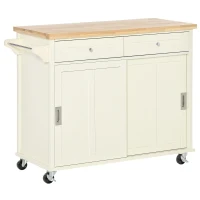HOMCOM 43" Rolling Kitchen Island, Kitchen Storage Cart on Wheels with Sliding Doors, Cabinet, 2 Drawers, and Towel Rack, Cream White(m-1)