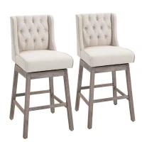 HOMCOM Bar Height Bar Stools Set of 2, 180 Degree Swivel Barstools with Solid Wood Footrests and Button Tufted Design, 30" Seat Height Bar Chairs for Kitchen Island, Beige(m-1)