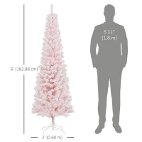 HOMCOM 6ft Flocked Christmas Tree, Pencil Christmas Tree with Realistic Branch Tips, Folding Metal Stand, Pink(m-3)