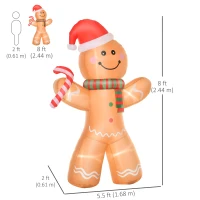 HOMCOM 8ft Christmas Inflatable Gingerbread Man with a Candy Cane, Outdoor Blow-Up Yard Decoration with LED Lights Display(m-3)
