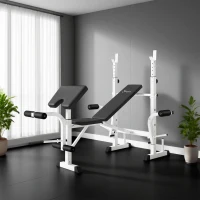 Soozier Bench Press Set Adjustable Weight Bench with Squat Rack, Preacher Curl Pad, Leg Developer and Weight Storage, White(m-10)