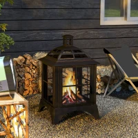 Outsunny Wood-Burning Fire Pit, Chimney Style Firepit with Poker, 28" x 28", Black(m-8)