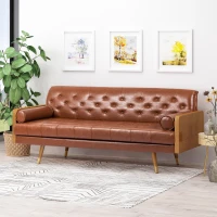 Adelaide Mid-Century Tufted Sofa with Rolled Accent Pillows, Daybed with Gold Tipped Rubberwood Legs, 72'' L x 30.5'' W x 32'' H, Light Brown(m-4)