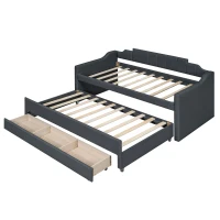 Twin Size Upholstered Daybed with Trundle and Three Drawers, Pull-out Bed for Department or Guest Rooms, 81" L x 41" W x 35.5" H, Gray(m-8)