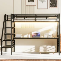 Metal Loft Bed Frame with Desk and LED Light, Sturdy Metal Frame, High-Sleeper Bed for Guest Rooms, 94.5" L x 41.5" W x 72" H, Black(m-4)