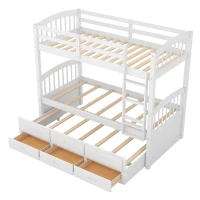 Twin Over Twin Wood Bunk Bed with Trundle and Drawers, Wood Construction, Double-Decker Bed for Children, 81" L x 42.5" W x 67" H, White(m-10)
