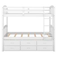 Twin Over Twin Wood Bunk Bed with Trundle and Drawers, Wood Construction, Double-Decker Bed for Children, 81" L x 42.5" W x 67" H, White(m-2)