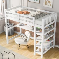 Twin Size Loft Bed with Storage Shelves, Under-bed Desk and LED Light, High-Sleeper Bed for Compact Room, 80" L x 42" W x 68.5" H, White(m-1)