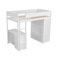 Wood Twin Loft Bed with Wardrobes, 2-Drawer Desk and Cabinet, High-Sleeper Bed for House with Children, 78.5" L x 41" W x 65" H, White(m-8)