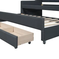 Twin Size Upholstered Daybed with Trundle and Three Drawers, Pull-out Bed for Department or Guest Rooms, 81" L x 41" W x 35.5" H, Gray(m-5)