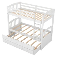 Twin Over Twin Wood Bunk Bed with Trundle and Drawers, Wood Construction, Double-Decker Bed for Children, 81" L x 42.5" W x 67" H, White(m-9)