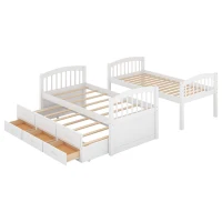 Twin Over Twin Wood Bunk Bed with Trundle and Drawers, Wood Construction, Double-Decker Bed for Children, 81" L x 42.5" W x 67" H, White(m-5)