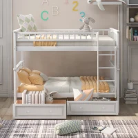 Twin Over Twin Bunk Bed with Drawers, Solid Pine Wood and MDF, Double-Decker Bed for Living Rooms, 79.5" L x 43.5" W x 64" H, White(m-4)
