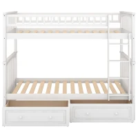 Twin Over Twin Bunk Bed with Drawers, Solid Pine Wood and MDF, Double-Decker Bed for Living Rooms, 79.5" L x 43.5" W x 64" H, White(m-9)