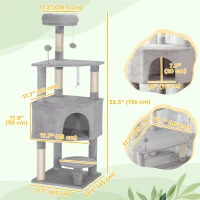 PawHut 54 Inch Cat Tree with Large Condo, Top Perch, Sisal Scratching Posts, Dangling Toy Ball,Light Grey(m-3)