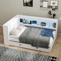 Full Size Wood Daybed with Storage Shelves, LED Lights, USB Ports, Trundle Bed for Ultimate Style and Functionality, 86" L x 66" W x 38" H, White(m-1)