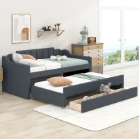 Twin Size Upholstered Daybed with Trundle and Three Drawers, Pull-out Bed for Department or Guest Rooms, 81" L x 41" W x 35.5" H, Gray(m-1)