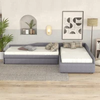 Twin Size Double Upholstered Daybed with Trundle and Drawer, Multifunctional Sofa Bed for Guest Room, 118" L x 77.5" W x 18.5" H, Gray(m-4)