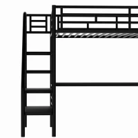 Metal Loft Bed Frame with Desk and LED Light, Sturdy Metal Frame, High-Sleeper Bed for Guest Rooms, 94.5" L x 41.5" W x 72" H, Black(m-6)