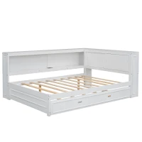 Full Size Wood Daybed with Storage Shelves, LED Lights, USB Ports, Trundle Bed for Ultimate Style and Functionality, 86" L x 66" W x 38" H, White(m-8)