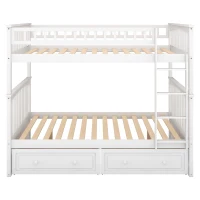 Full Over Full Bunk Bed with Drawers, Convertible Design, Pine Wood and MDF, Double-Decker Bed for Living Room, 79" L x 59" W x 64" H, White(m-2)