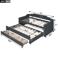 Twin Size Upholstered Daybed with Trundle and Three Drawers, Pull-out Bed for Department or Guest Rooms, 81" L x 41" W x 35.5" H, Gray(m-3)