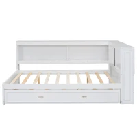 Full Size Wood Daybed with Storage Shelves, LED Lights, USB Ports, Trundle Bed for Ultimate Style and Functionality, 86" L x 66" W x 38" H, White(m-2)