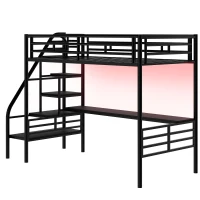 Metal Loft Bed Frame with Desk and LED Light, Sturdy Metal Frame, High-Sleeper Bed for Guest Rooms, 94.5" L x 41.5" W x 72" H, Black(m-8)