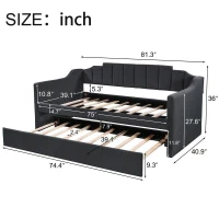 Upholstered Twin Daybed with Trundle, Solid Wood Frame, No Box Spring Needed, Trundle Bed for Compact Room, 81.5" L x 41" W x 36" H, Black(m-3)