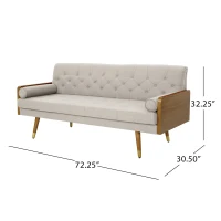 Mid-Century Modern Tufted Fabric Sofa with Rolled Accent Pillows, Daybed with Gold Tipped Rubberwood Legs, 72'' L x 30.5'' W x 32'' H, Beige(m-3)