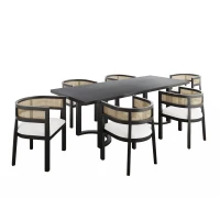 Modern 6-Piece Dining Set with Industrial Table and Rattan Back Chairs, Family Table Seats Up to 8 People, 95" L x 39" W x 30" H, Beige+Black(m-2)