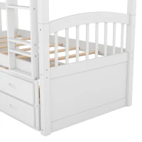 Twin Over Twin Wood Bunk Bed with Trundle and Drawers, Wood Construction, Double-Decker Bed for Children, 81" L x 42.5" W x 67" H, White(m-7)