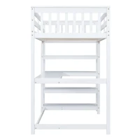 Twin Size Loft Bed with Storage Shelves, Under-bed Desk and LED Light, High-Sleeper Bed for Compact Room, 80" L x 42" W x 68.5" H, White(m-7)