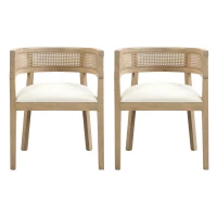 Set of 2 Dining Chairs with Rattan Round Backrest, Upholstered Seats, Dining Seats for Kitchen, 22.5" L x 22" W x 29.5" H, Beige+Natural Ash(m-2)