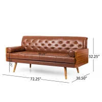 Adelaide Mid-Century Tufted Sofa with Rolled Accent Pillows, Daybed with Gold Tipped Rubberwood Legs, 72'' L x 30.5'' W x 32'' H, Light Brown(m-3)