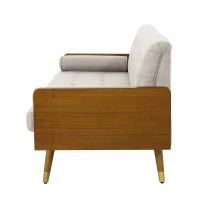 Mid-Century Modern Tufted Fabric Sofa with Rolled Accent Pillows, Daybed with Gold Tipped Rubberwood Legs, 72'' L x 30.5'' W x 32'' H, Beige(m-6)